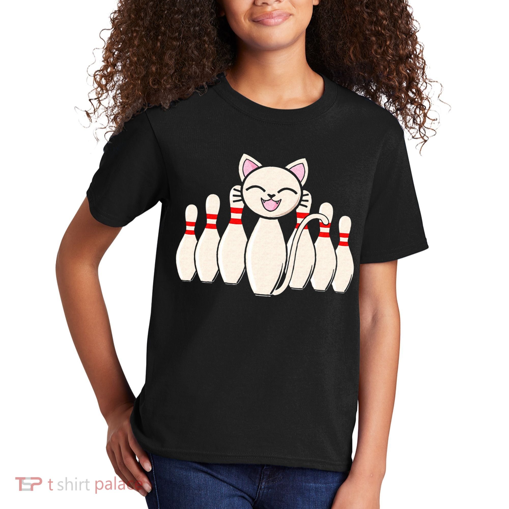Funny Cat Lover Tee Bowling Pin Cat Bowler Bowling Player Kids T-Shirt