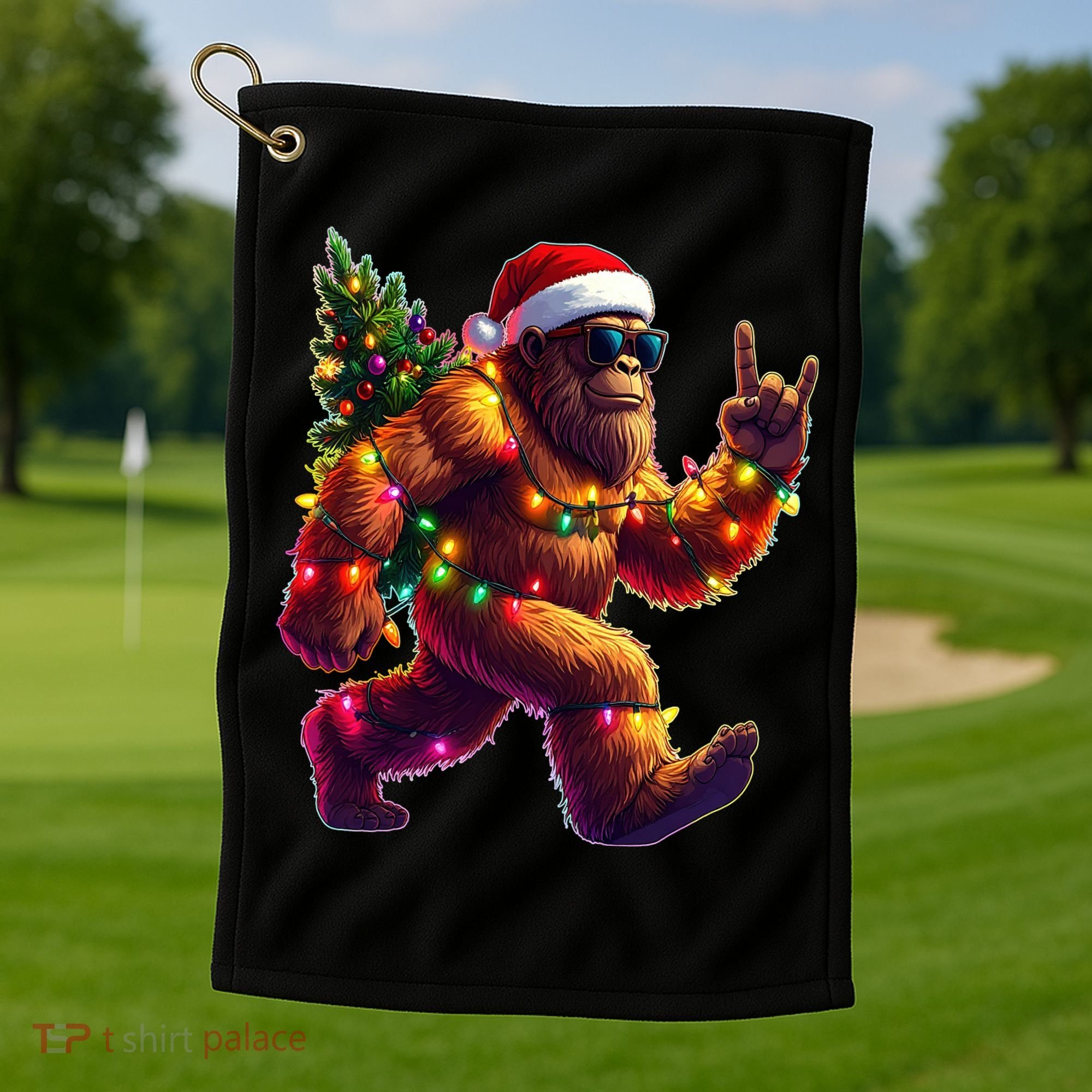 Funny Christmas Lights Sasquatch Big Foot Golf Towel