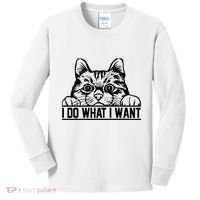Funny Cat Lovers Retro 70s 80s 90s I Do What I Want Cat Kids Long Sleeve Shirt thumb 0