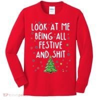 Funny Christmas Look At Me Being All Festive And Shit Kids Long Sleeve Shirt thumb 0