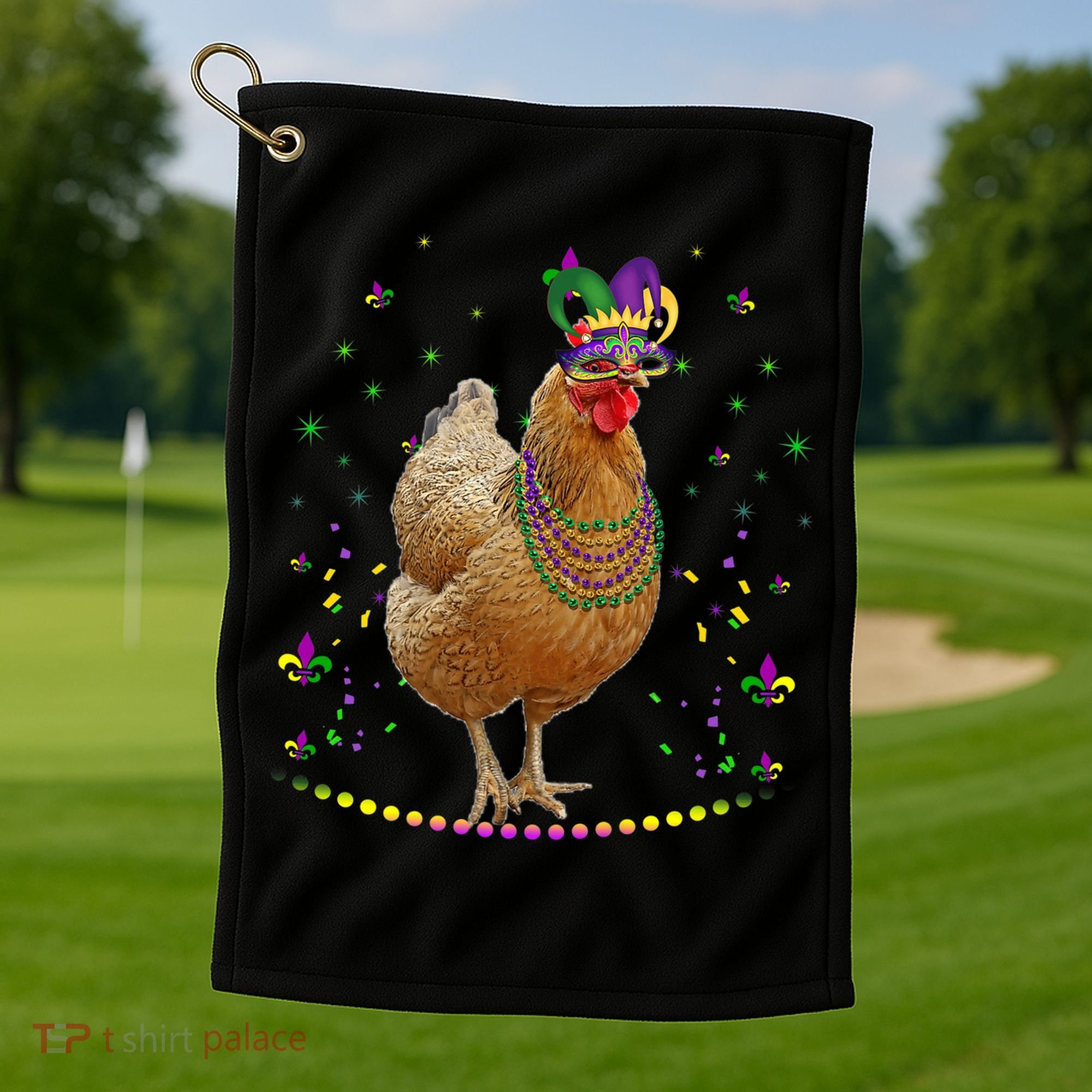 Funny Chicken Lover Cute Mardi Gras Carnival Jester Premium Golf Towel