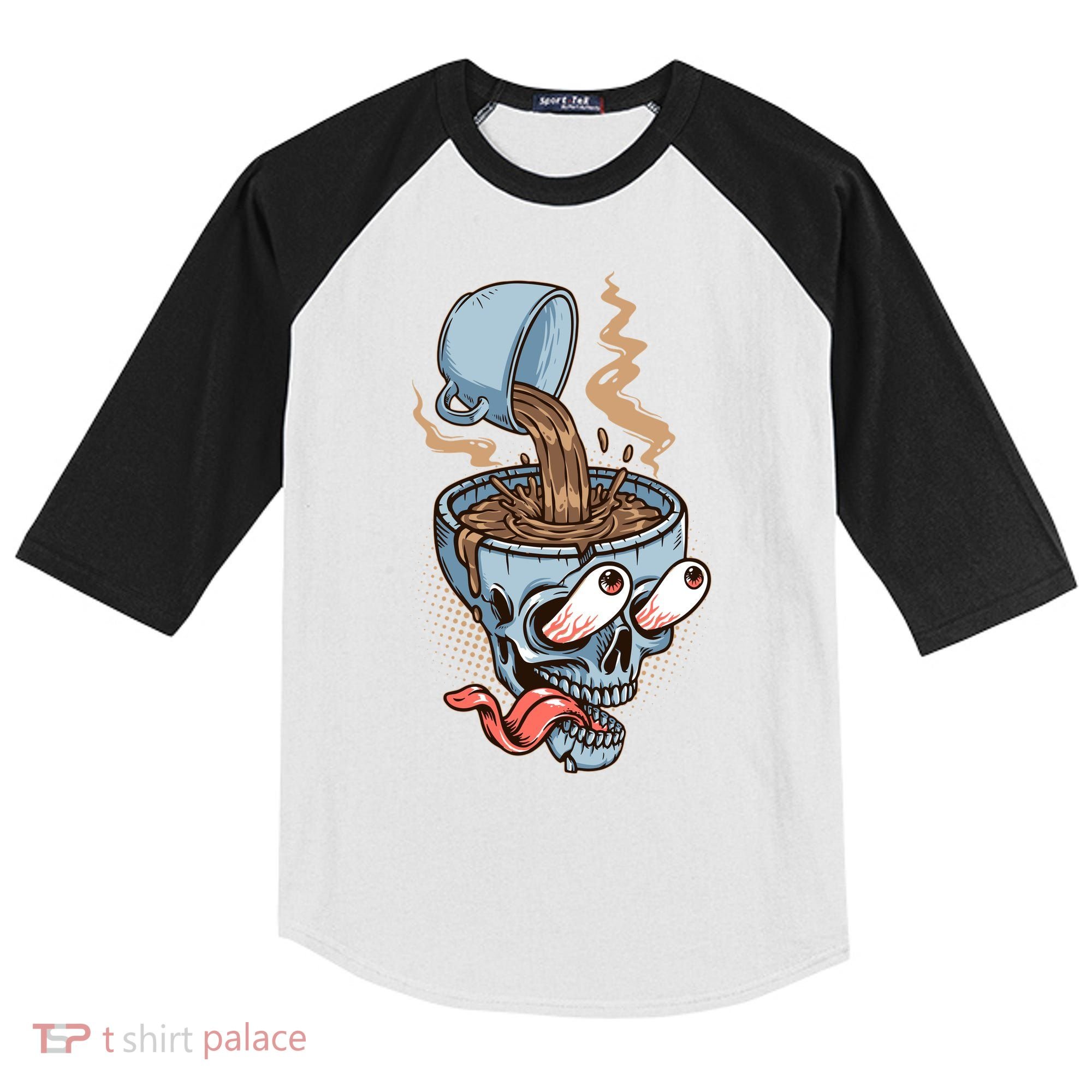 Funny Coffee Lover Addict Skull Kids Colorblock Raglan Jersey