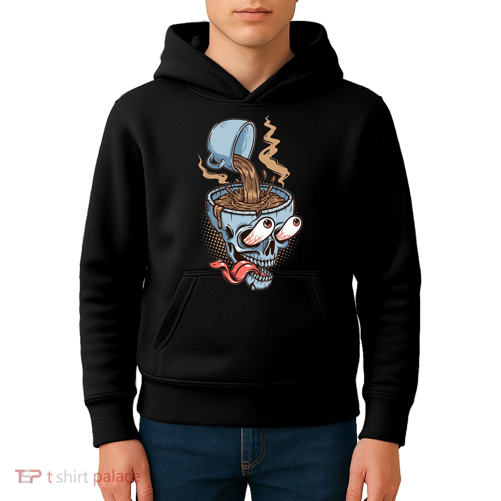 Funny Coffee Lover Addict Skull Kids Hoodie