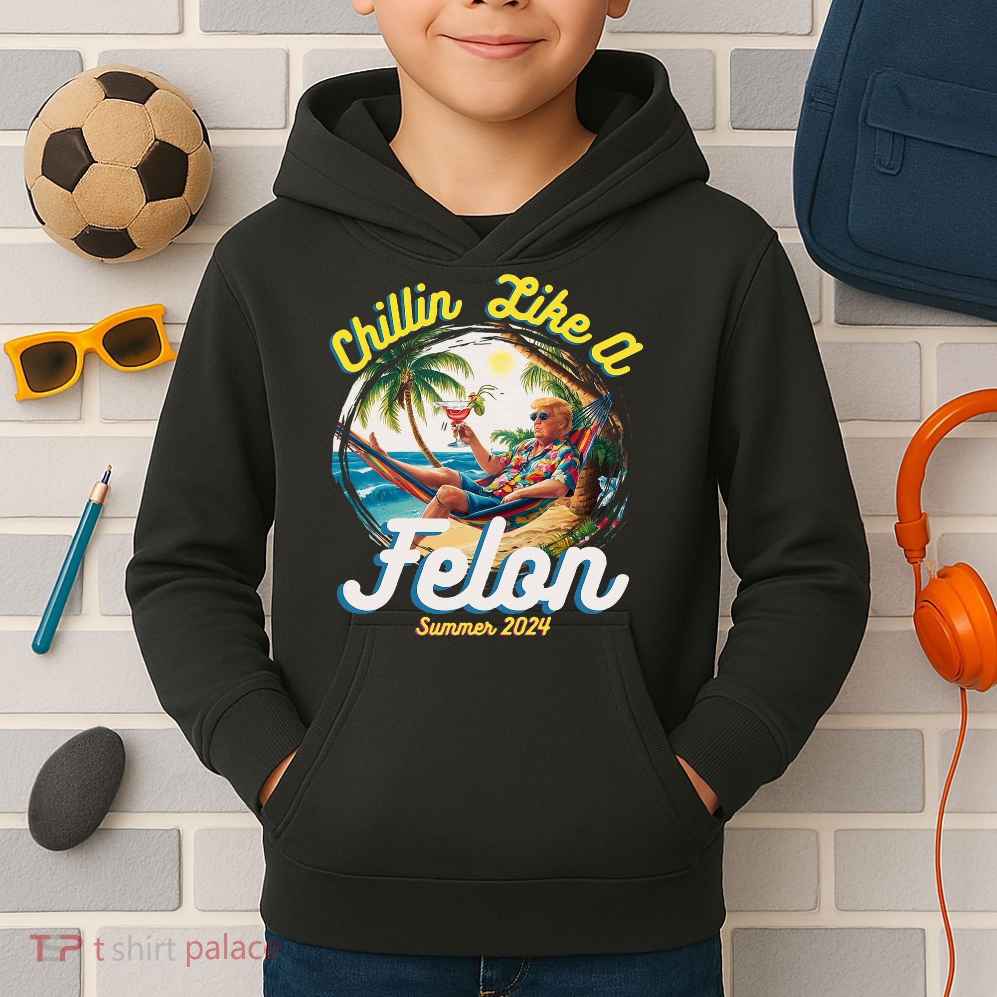 Funny Chillin Like A Felon Summer 2024 2024 Trump Supporter Kids Hoodie