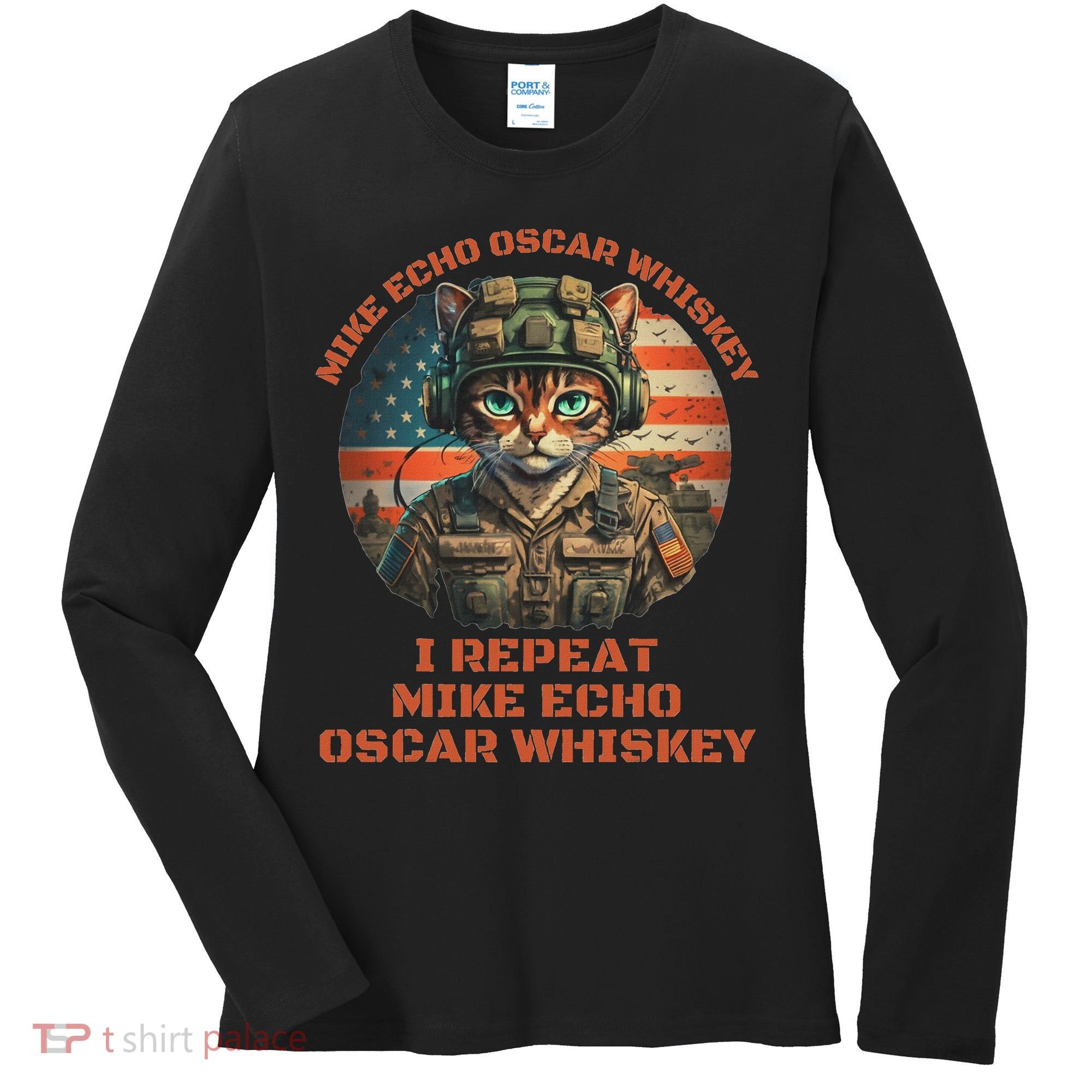 Funny Cat Military Mike Echo Oscar Foxtrot Meow Women's Long Sleeve Shirt