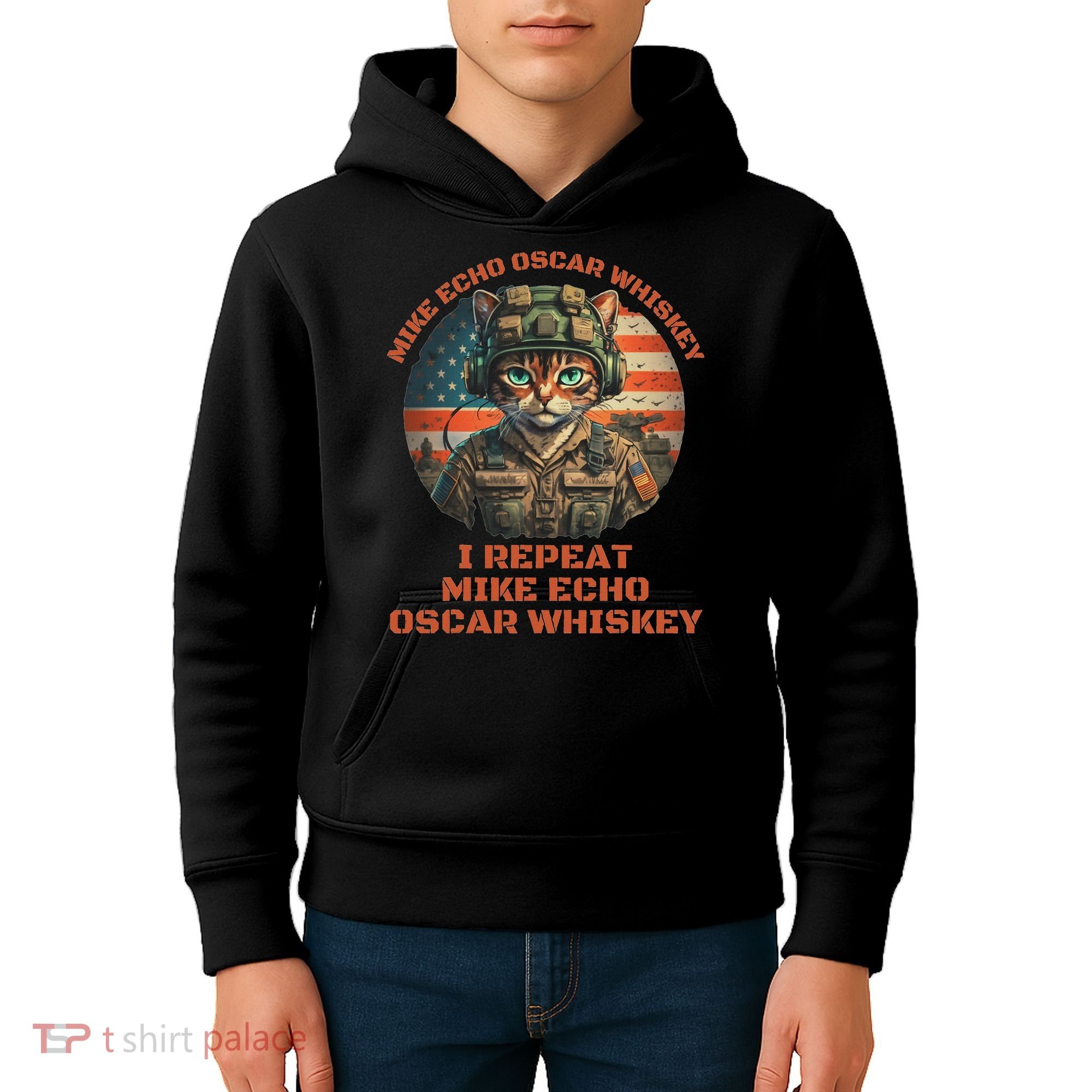 Funny Cat Military Mike Echo Oscar Foxtrot Meow Kids Hoodie