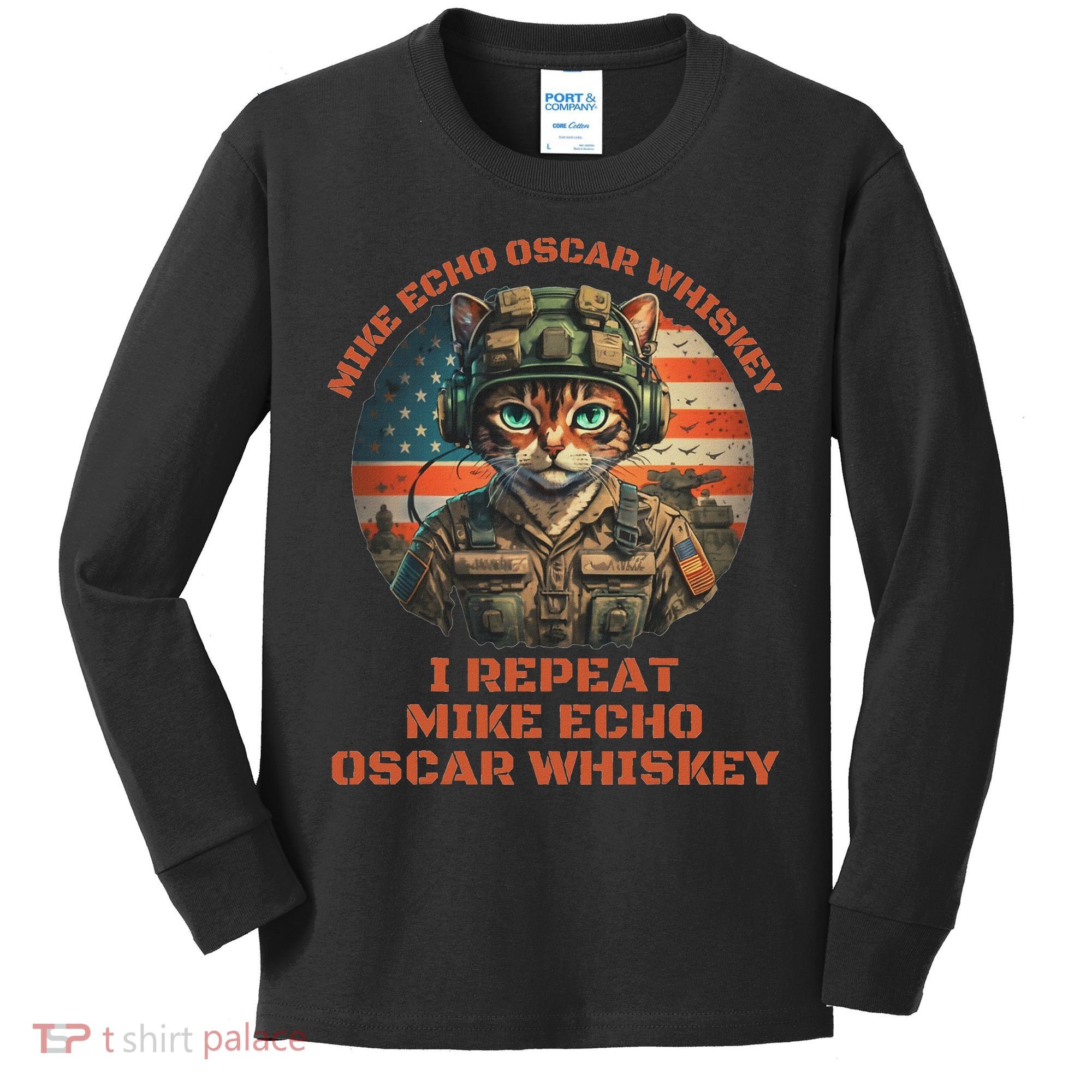 Funny Cat Military Mike Echo Oscar Foxtrot Meow Kids Long Sleeve Shirt