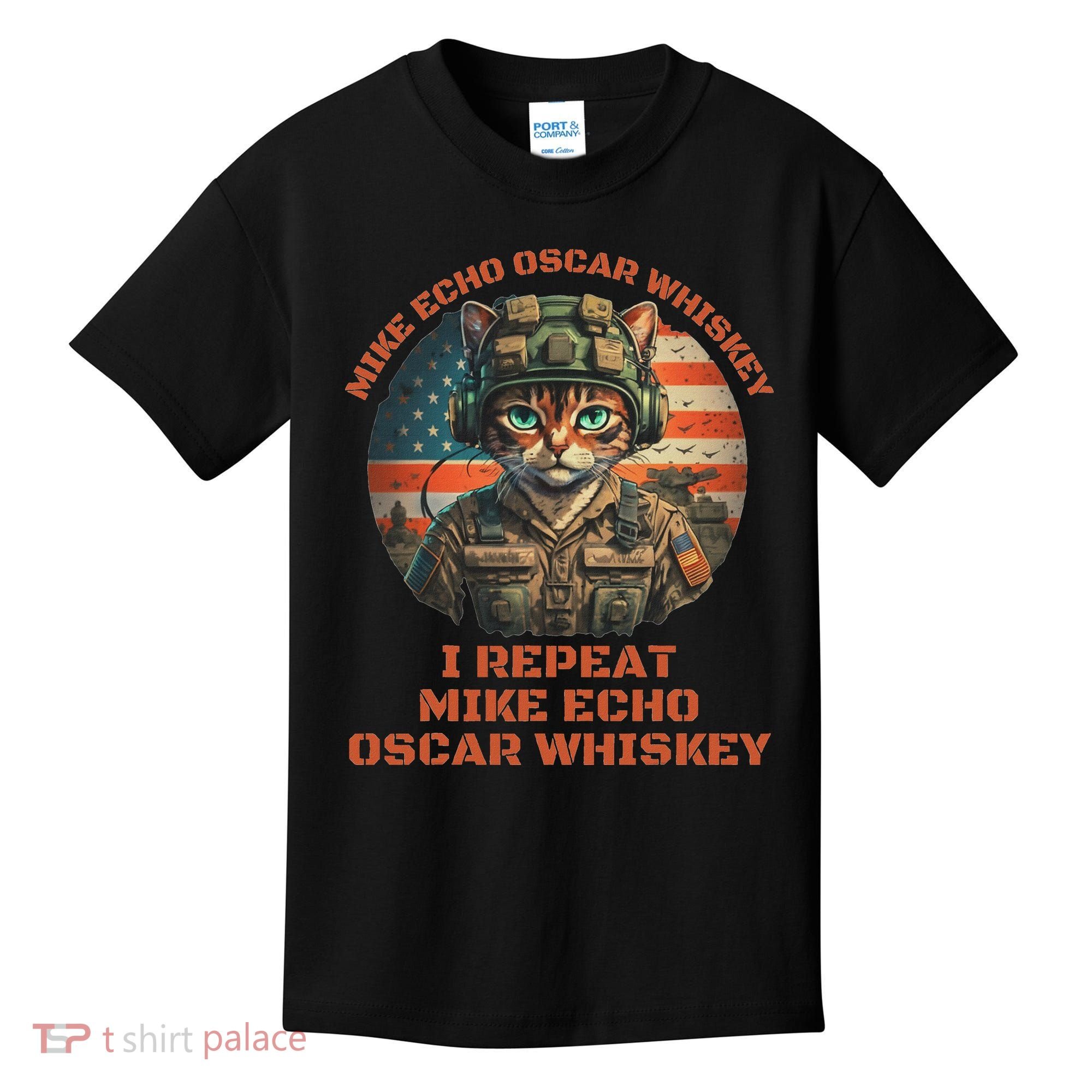 Funny Cat Military Mike Echo Oscar Foxtrot Meow Kids T-Shirt