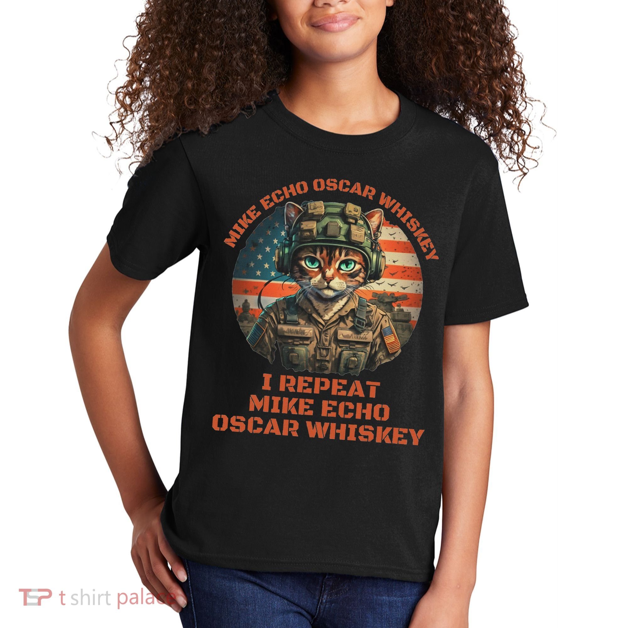 Funny Cat Military Mike Echo Oscar Foxtrot Meow Kids T-Shirt
