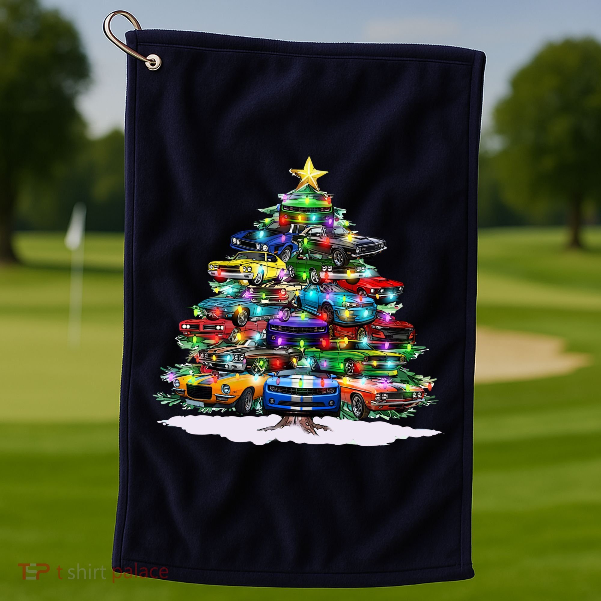 Funny Christmas Muscle Car Christmas Tree Golf Towel