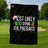 Funny Christmas Most Likely To Shake The Presents Golf Towel thumb 1