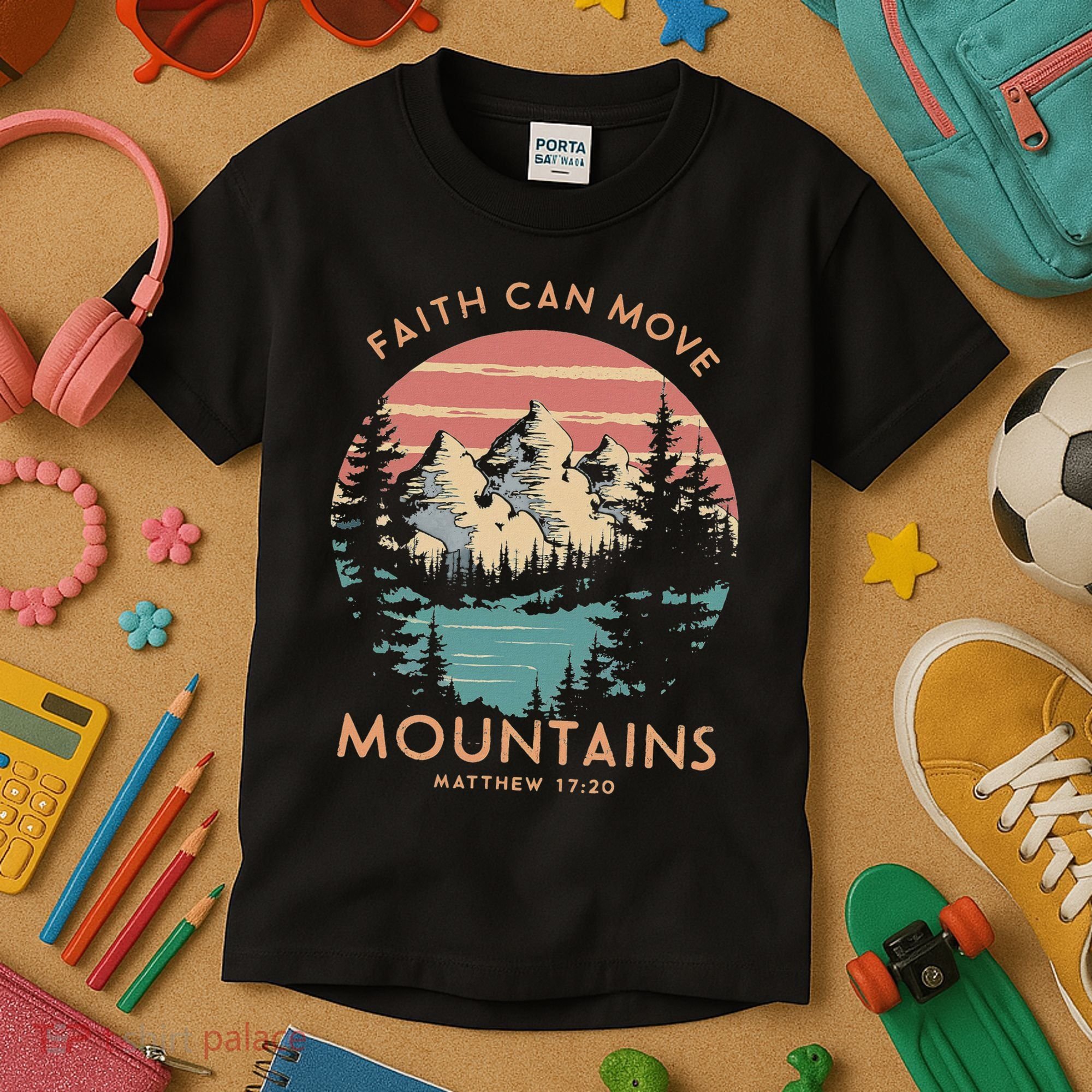 Faith Can Move Mountains Religious Christian Camping Gift Kids T-Shirt