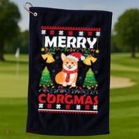 Funny Cute Merry Corgmas Ugly Christmas Sweater Golf Towel thumb 1