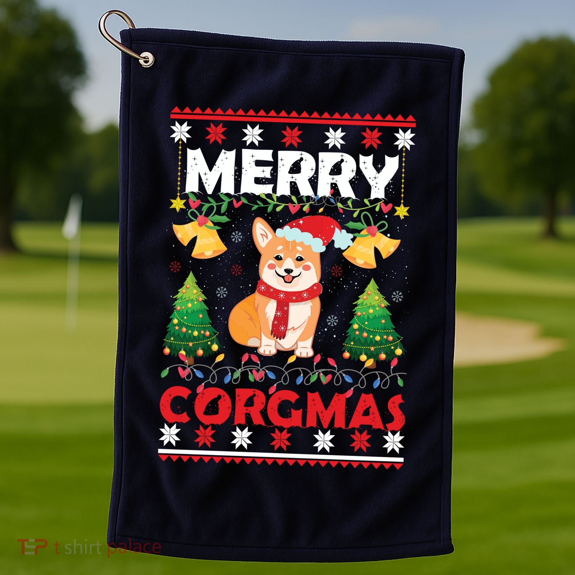 Funny Cute Merry Corgmas Ugly Christmas Sweater Golf Towel