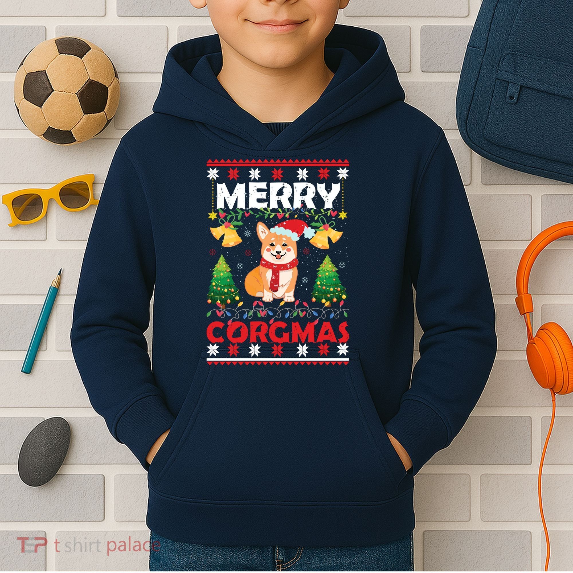 Funny Cute Merry Corgmas Ugly Christmas Sweater Kids Hoodie