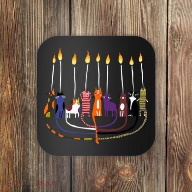 Funny Cat Menorah Hanukkah Coaster