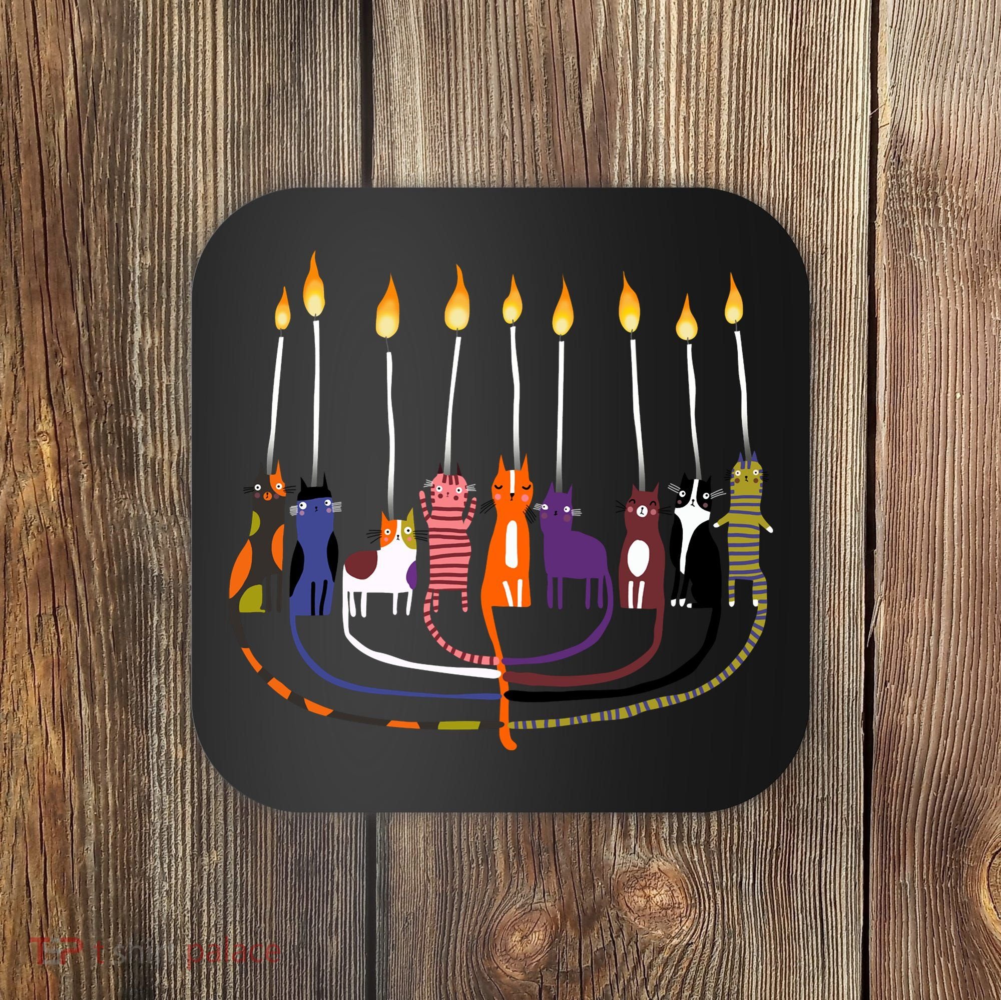 Funny Cat Menorah Hanukkah Coaster