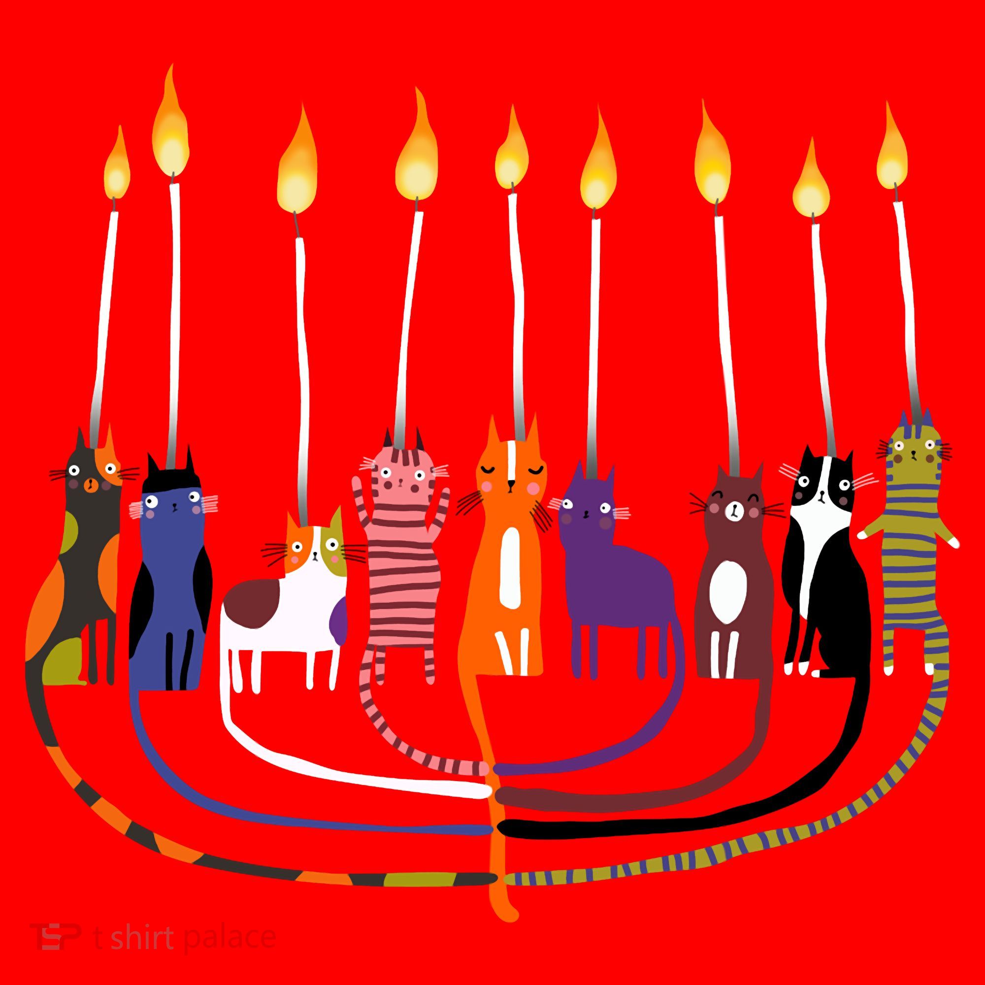 Funny Cat Menorah Hanukkah Santa Hat
