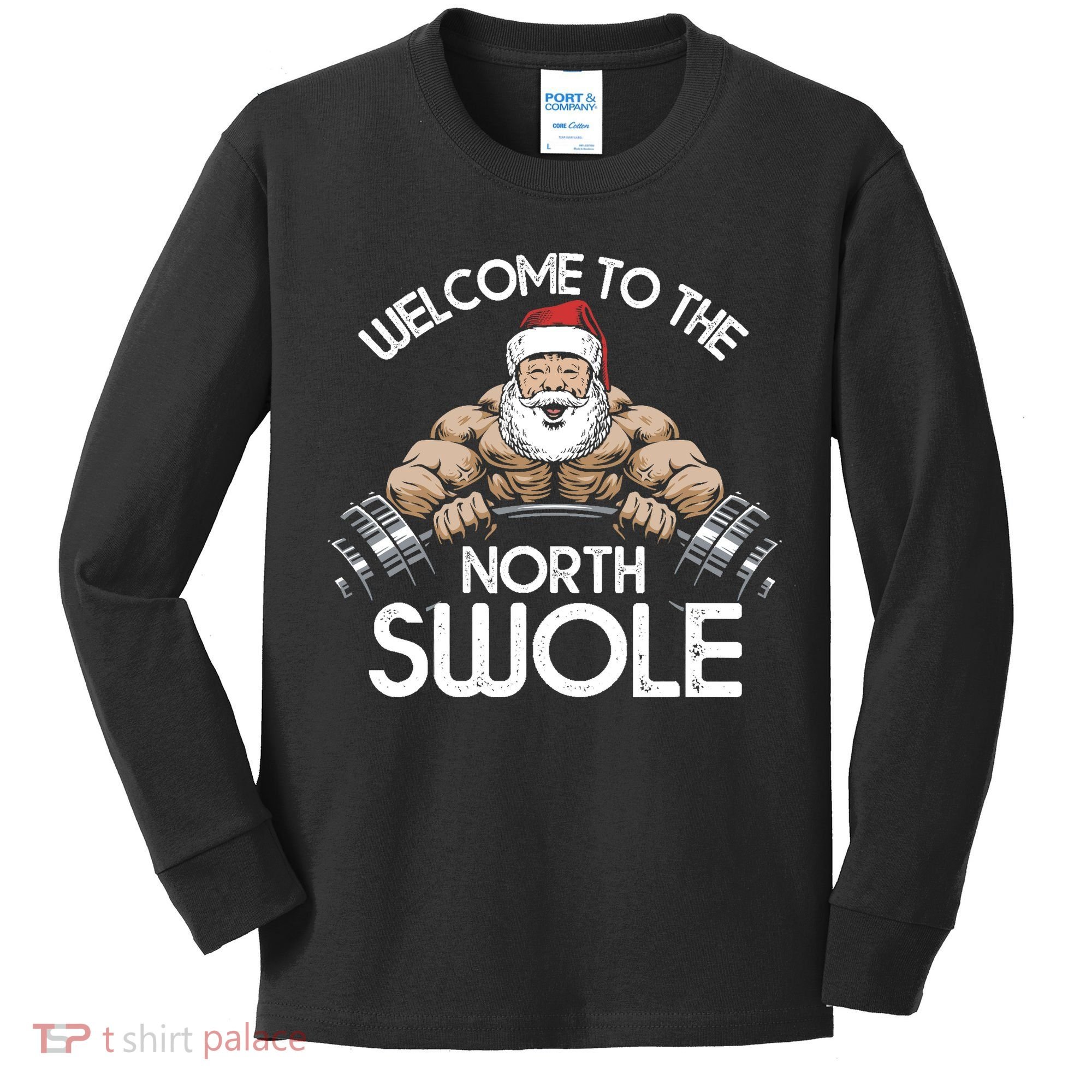 Funny Christmas North Swole Santa Claus Exercise Gym Kids Long Sleeve Shirt