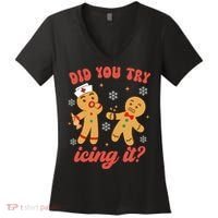 Funny Christmas Nurse Gingerbread Man Did You Try Icing It Women's V-Neck T-Shirt thumb 0