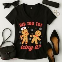 Funny Christmas Nurse Gingerbread Man Did You Try Icing It Women's V-Neck T-Shirt thumb 2