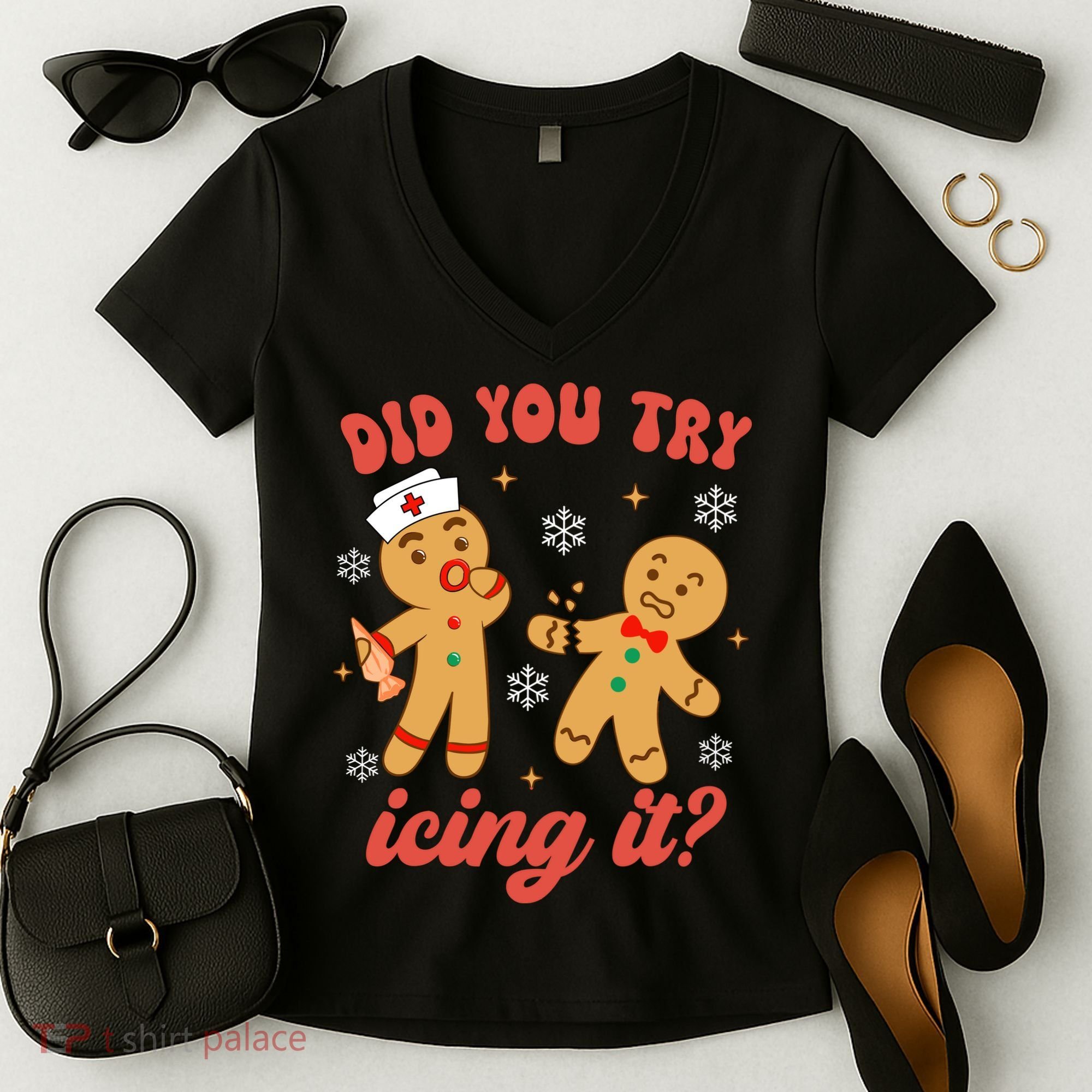 Funny Christmas Nurse Gingerbread Man Did You Try Icing It Women's V-Neck T-Shirt