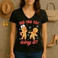 Funny Christmas Nurse Gingerbread Man Did You Try Icing It Women's V-Neck T-Shirt thumb 3