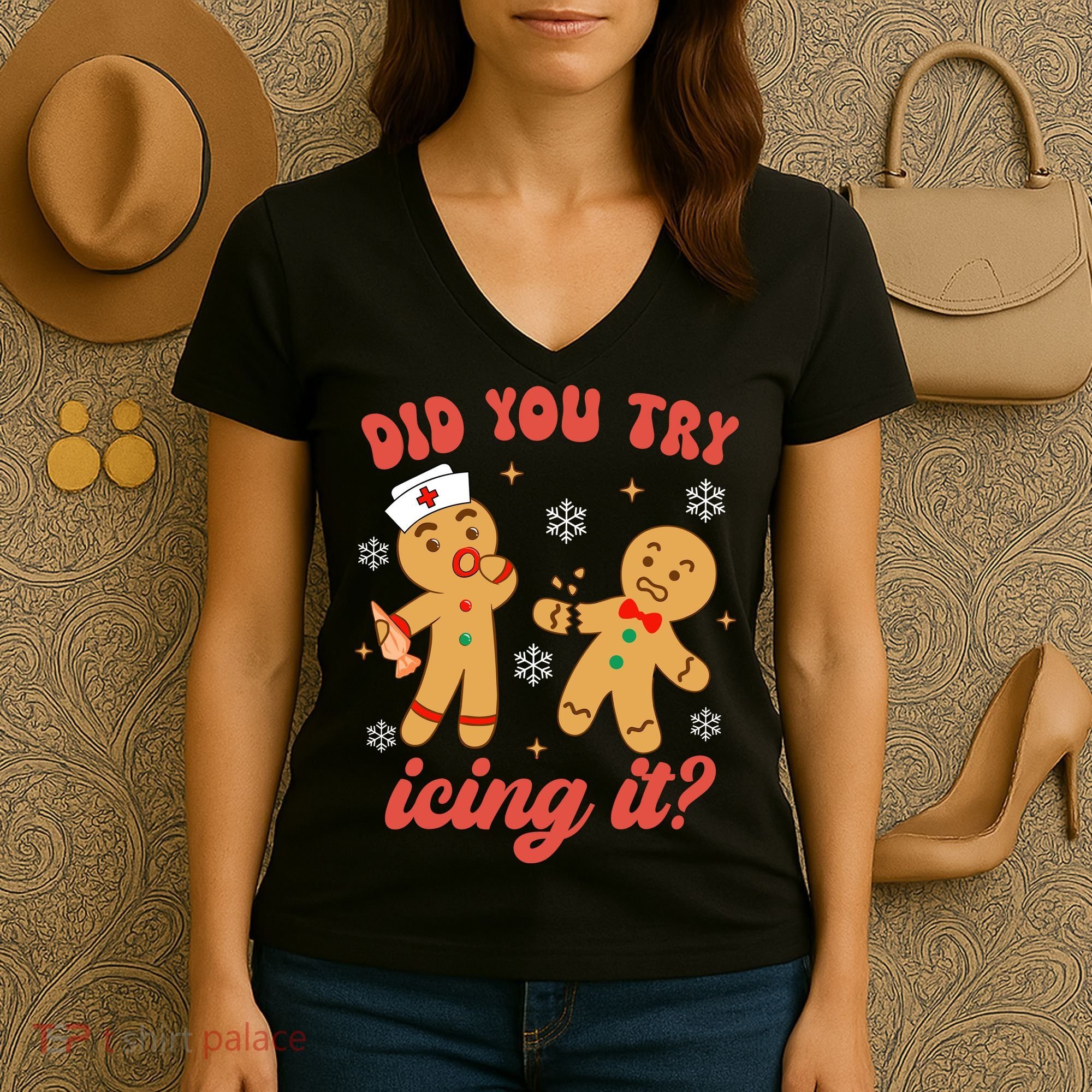 Funny Christmas Nurse Gingerbread Man Did You Try Icing It Women's V-Neck T-Shirt