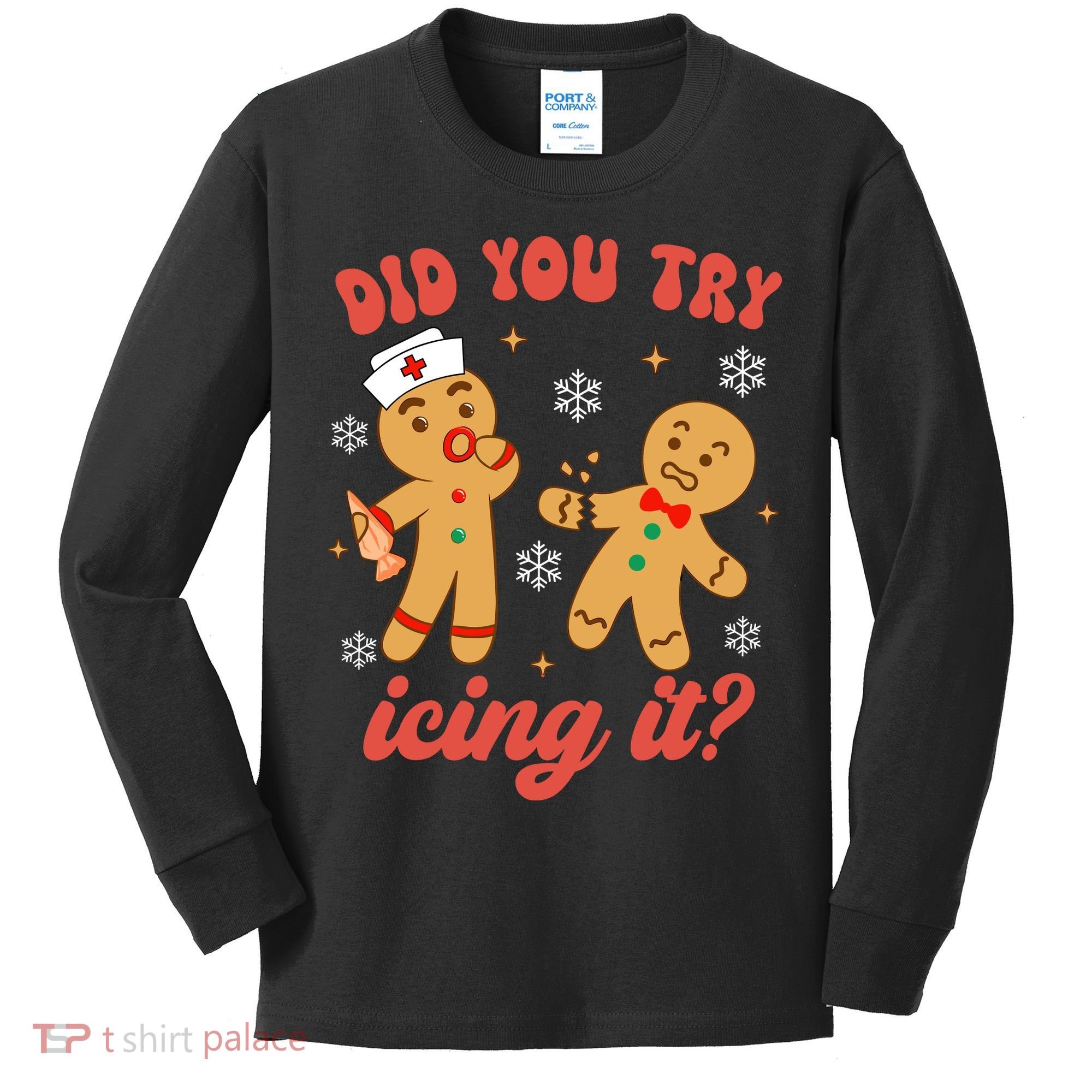 Funny Christmas Nurse Gingerbread Man Did You Try Icing It Kids Long Sleeve Shirt