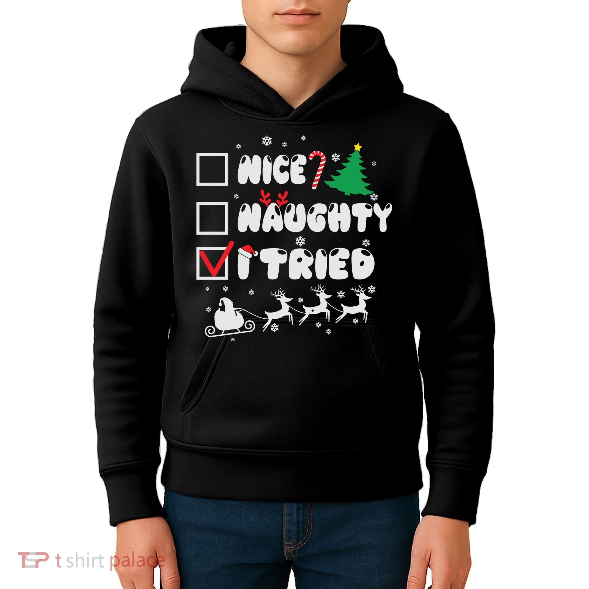 Funny Christmas Nice Naughty I Tried Xmas Kids Hoodie