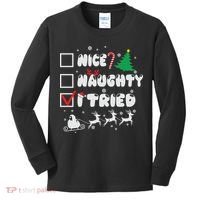 Funny Christmas Nice Naughty I Tried Xmas Kids Long Sleeve Shirt thumb 0