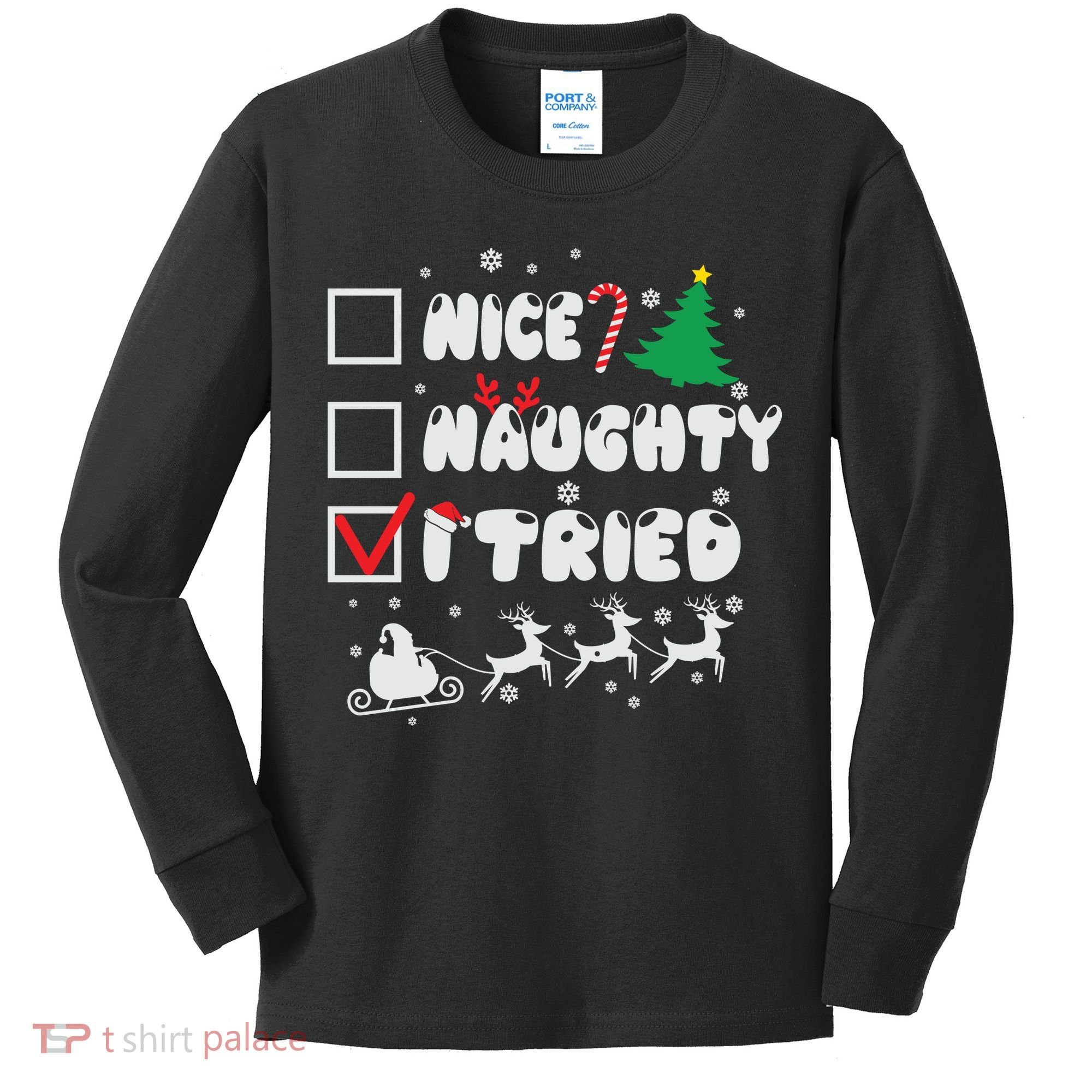 Funny Christmas Nice Naughty I Tried Xmas Kids Long Sleeve Shirt