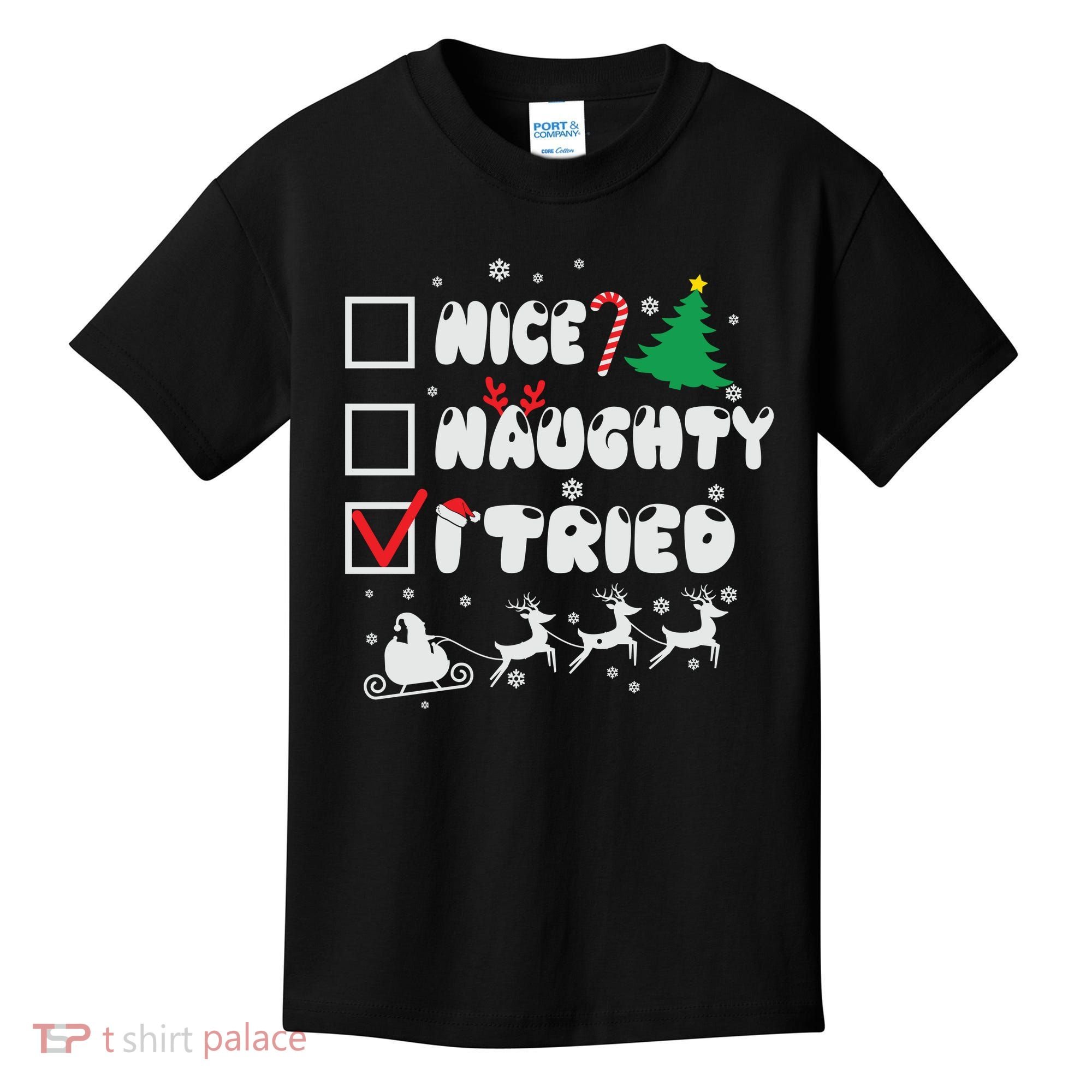 Funny Christmas Nice Naughty I Tried Xmas Kids T-Shirt