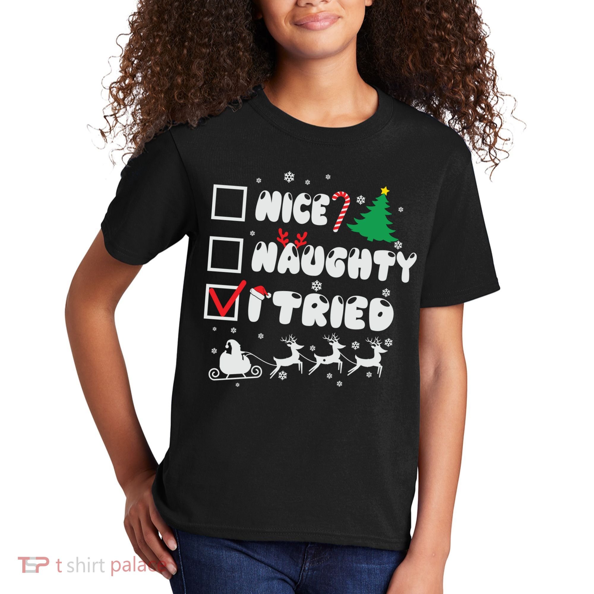 Funny Christmas Nice Naughty I Tried Xmas Kids T-Shirt