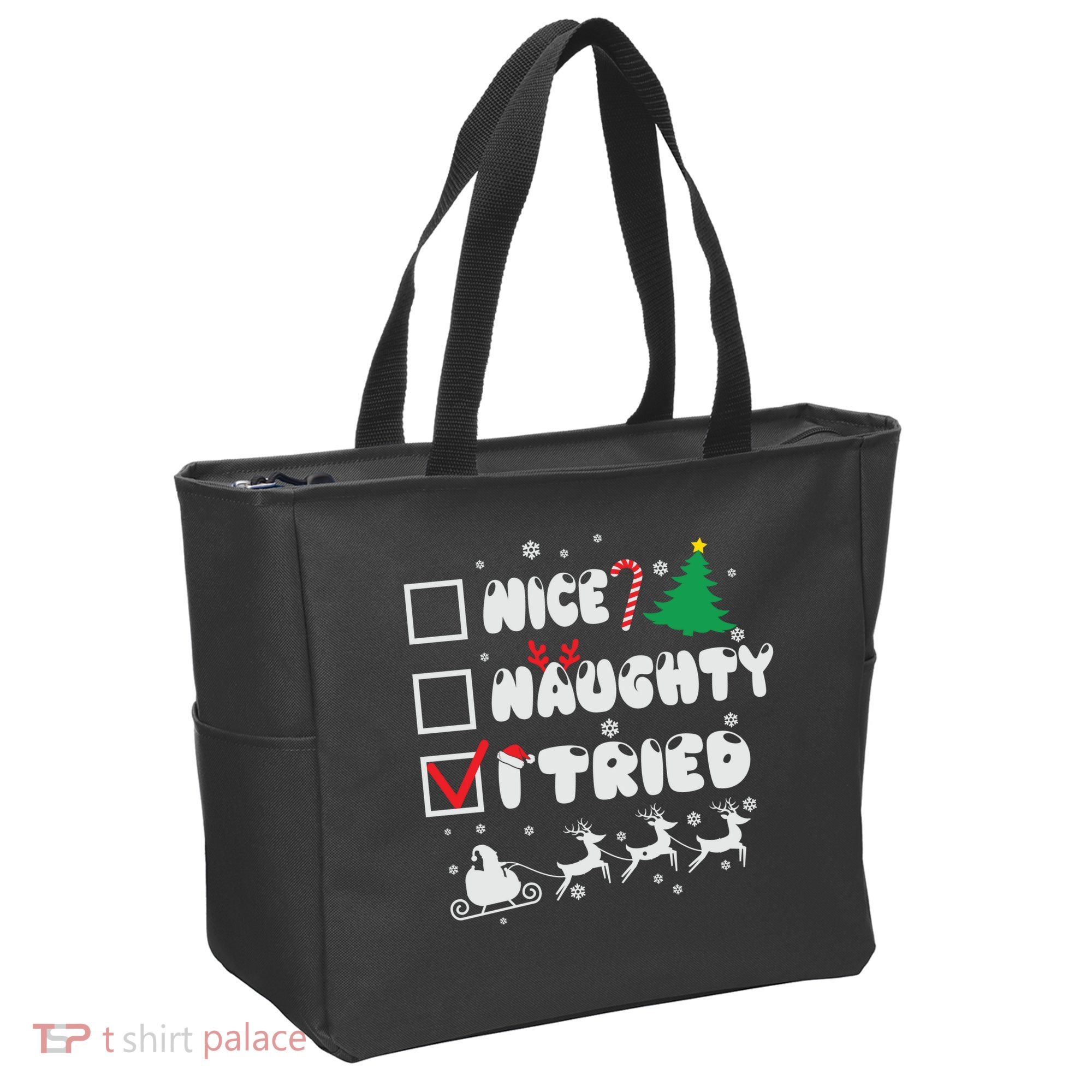 Funny Christmas Nice Naughty I Tried Xmas Tote Bag