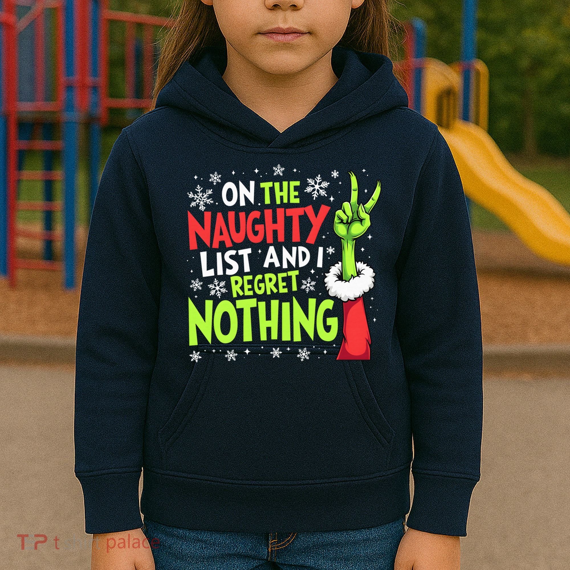 Funny Christmas On The Naughty List And I Regret Nothing Kids Hoodie