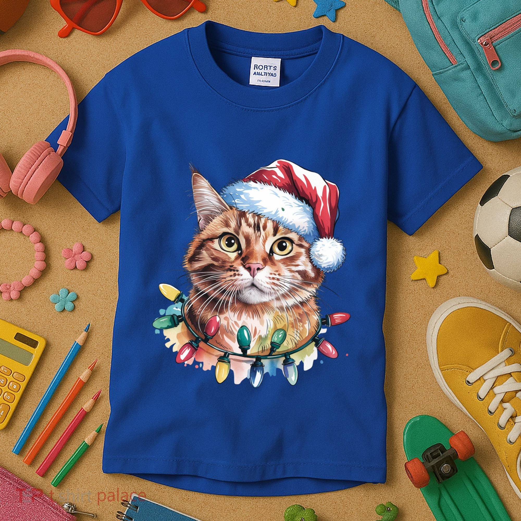 Funny Christmas Orange Tabby Cat Christmas Tree Santa Cat Meaningful Gift Kids T-Shirt