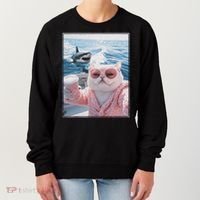 Fat Cat on a Yacht Boat with Shark Cool Funny Cat Meme Women's Sweatshirt thumb 0