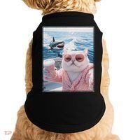 Fat Cat on a Yacht Boat with Shark Cool Funny Cat Meme Doggie Tank thumb 0