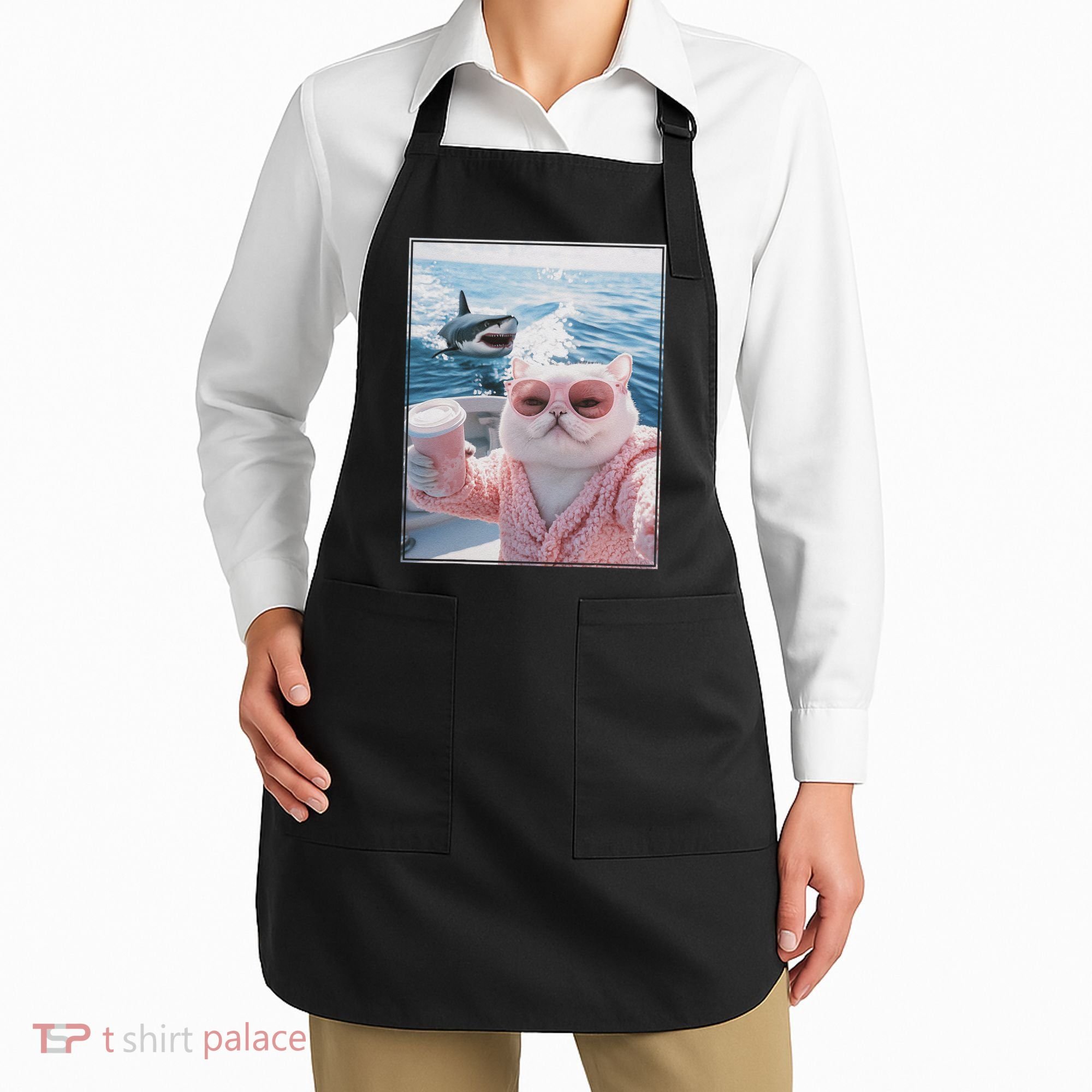 Fat Cat on a Yacht Boat with Shark Cool Funny Cat Meme Apron