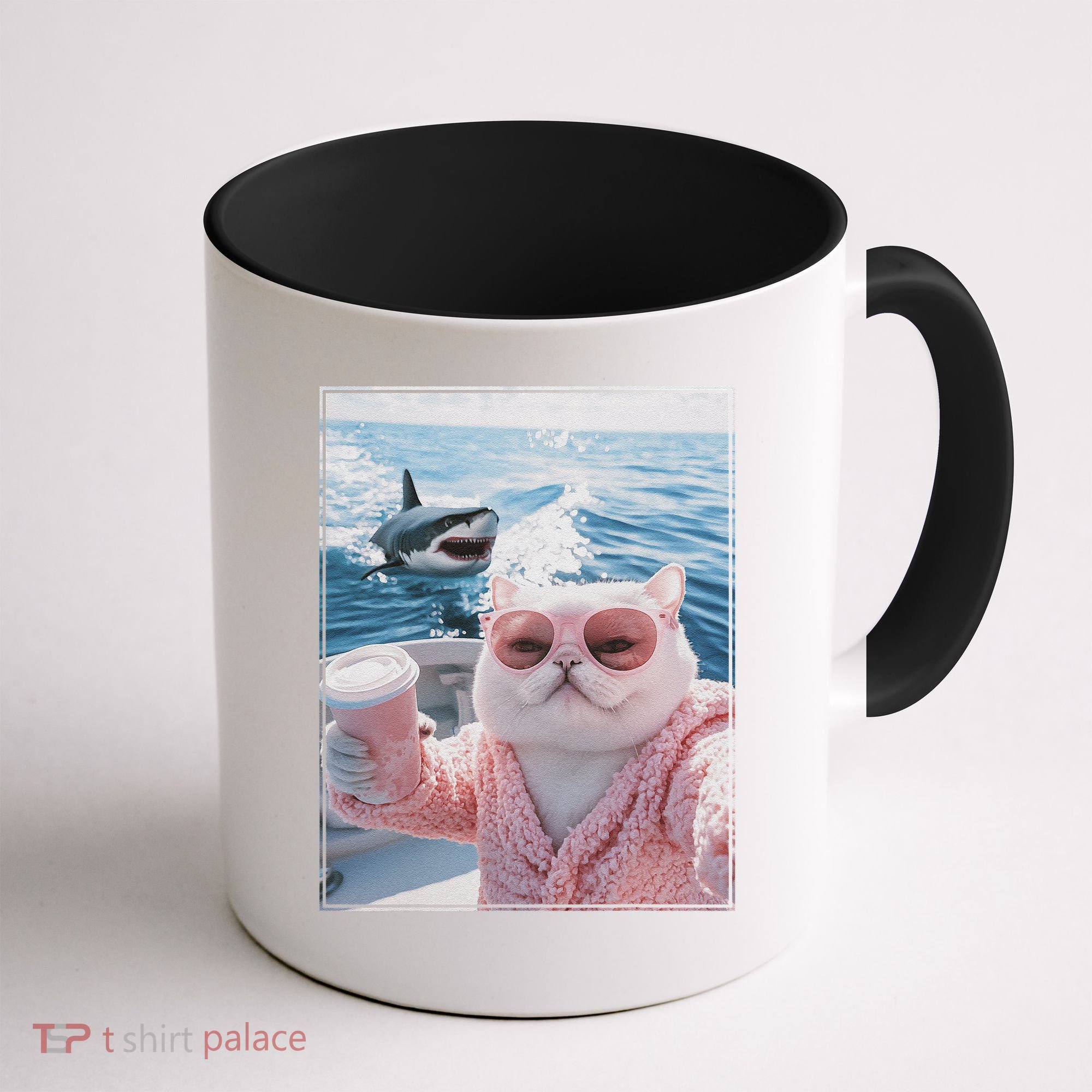 Fat Cat on a Yacht Boat with Shark Cool Funny Cat Meme Coffee Mug
