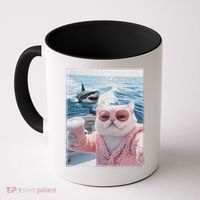 Fat Cat on a Yacht Boat with Shark Cool Funny Cat Meme Coffee Mug thumb 0