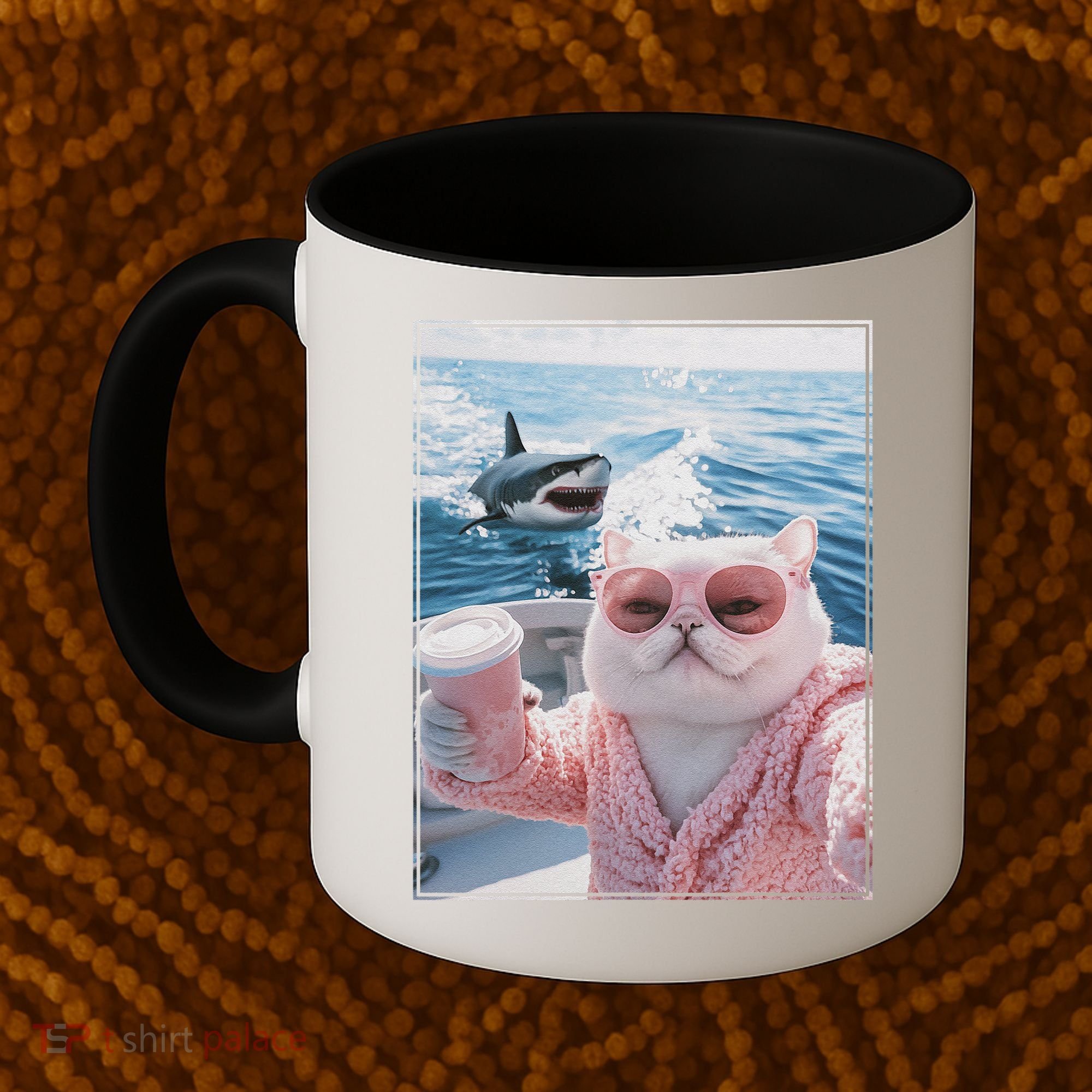 Fat Cat on a Yacht Boat with Shark Cool Funny Cat Meme Coffee Mug