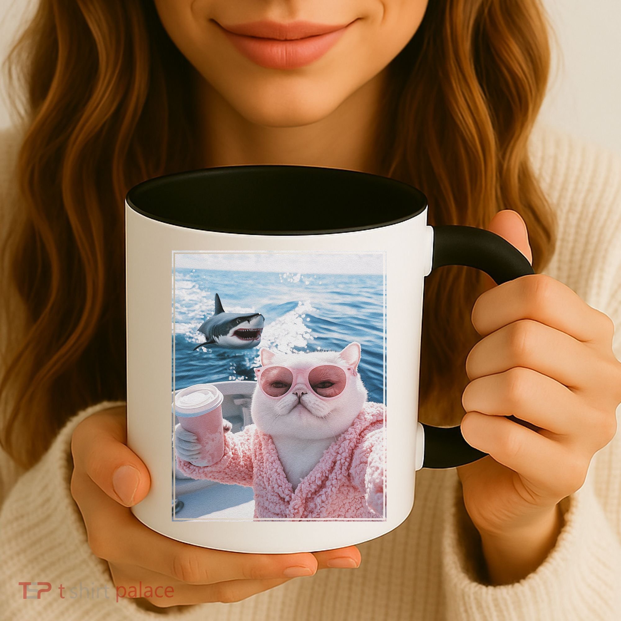 Fat Cat on a Yacht Boat with Shark Cool Funny Cat Meme Coffee Mug