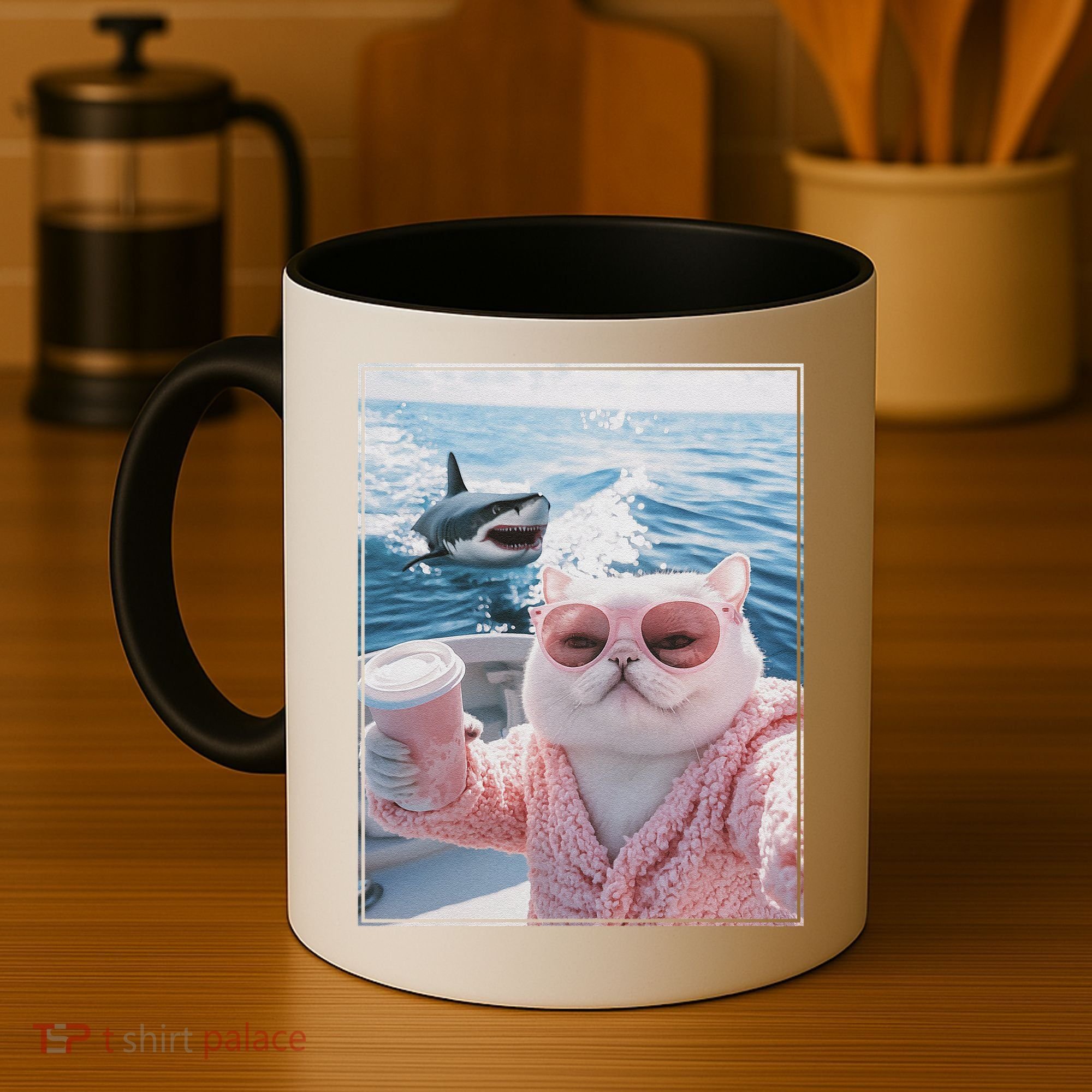 Fat Cat on a Yacht Boat with Shark Cool Funny Cat Meme Coffee Mug