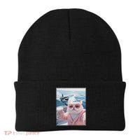 Fat Cat on a Yacht Boat with Shark Cool Funny Cat Meme Beanie thumb 0