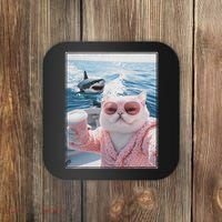 Fat Cat on a Yacht Boat with Shark Cool Funny Cat Meme Coaster thumb 0