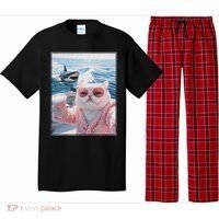 Fat Cat on a Yacht Boat with Shark Cool Funny Cat Meme Pajama Set thumb 0