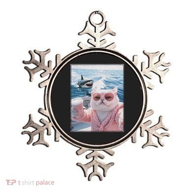 Fat Cat on a Yacht Boat with Shark Cool Funny Cat Meme Ornament