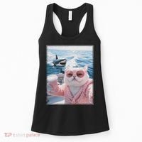 Fat Cat on a Yacht Boat with Shark Cool Funny Cat Meme Women's Tank Top thumb 0
